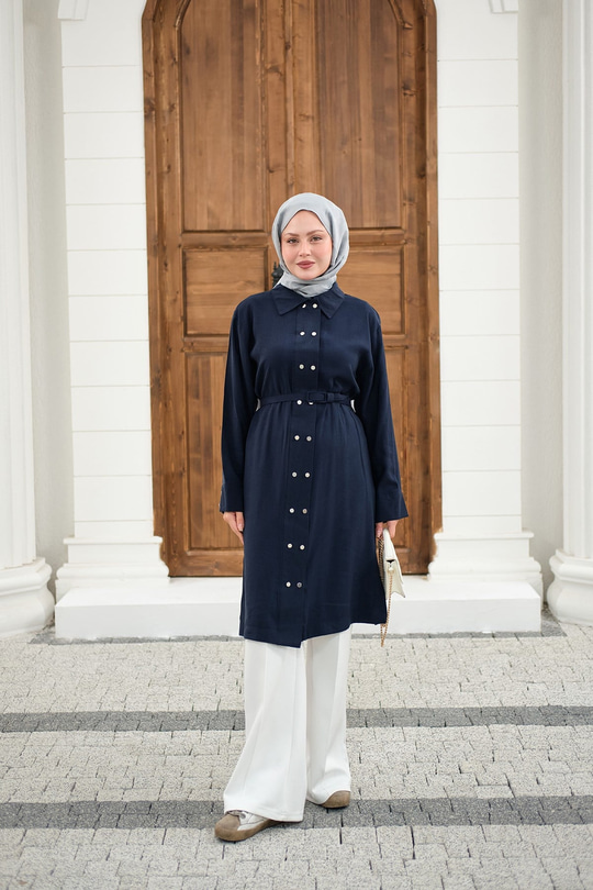 Gömlek Yaka Çift Düğmeli Uzun Tunik Lacivert