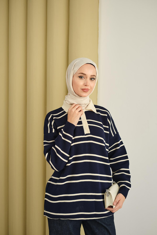 Gömlek Yaka Çizgili Triko Lacivert
