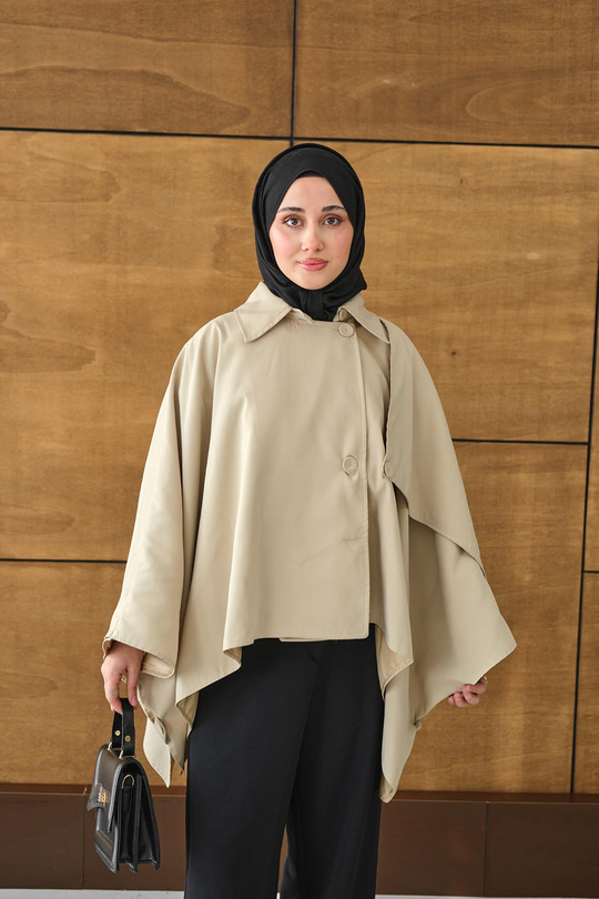 Gömlek Yaka Düğmeli Astarlı Oversize Gabardin Panço Trenç Krem