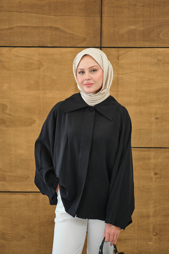 Gömlek Yaka Düğmeli Cep Detay Astarsız Oversize Tencele Panço Trenç Siyah