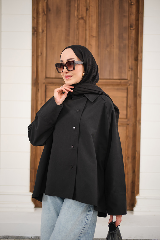 Gömlek Yaka Düğmeli İnce Kısa Trenç Siyah