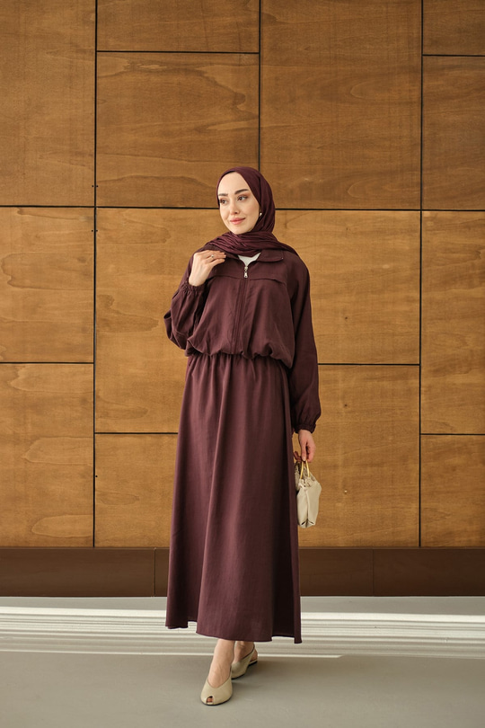 Gömlek Yaka Fermuarlı Etekli Takım Mürdüm