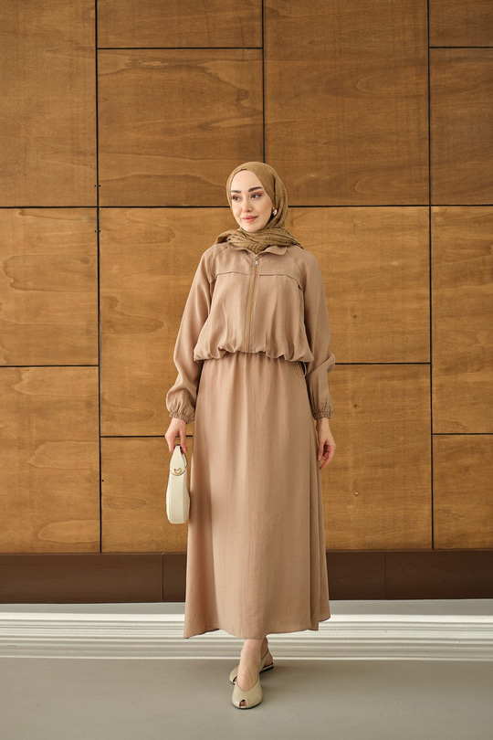 Gömlek Yaka Fermuarlı Etekli Takım Vizon