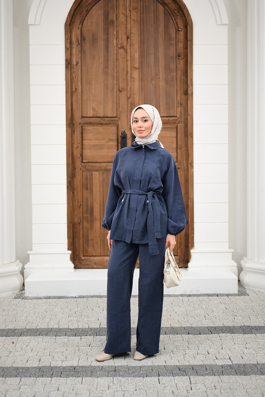 Gömlek Yaka Gizli Fermuarlı Bel Bağlamalı Pantolonlu Takım İndigo Mavi
