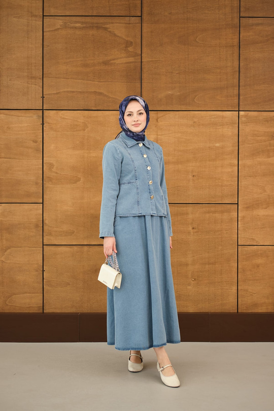 Gömlek Yaka Gümüş Düğme Detay Etekli Takım Buz Mavi