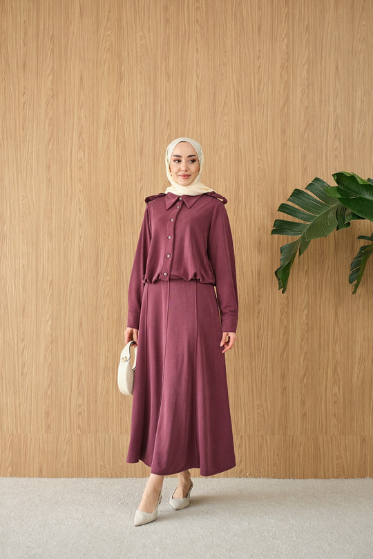 Gömlek Yaka Gümüş Düğme Detay Takım Bordo