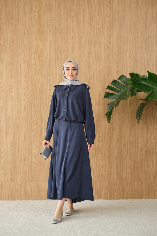 Gömlek Yaka Gümüş Düğme Detay Takım Lacivert