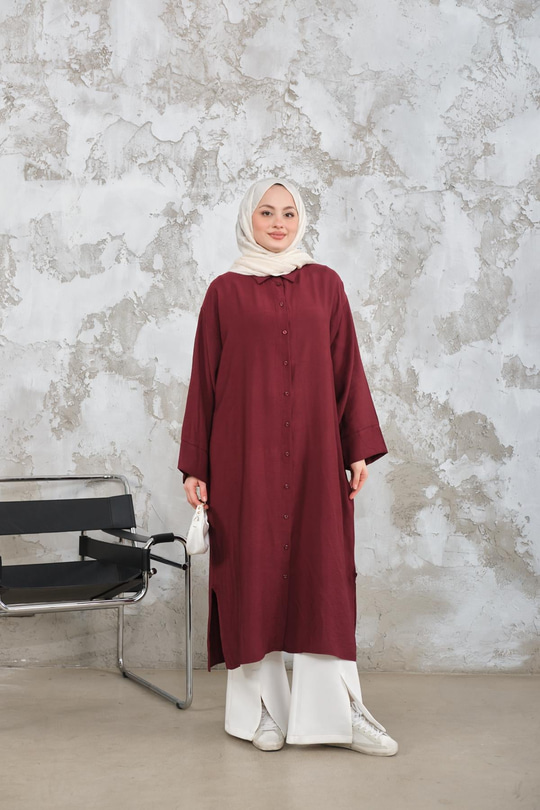 Gömlek Yaka Tensel Düğmeli Elbise Bordo