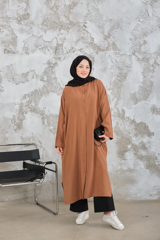 Gömlek Yaka Tensel Düğmeli Elbise Camel