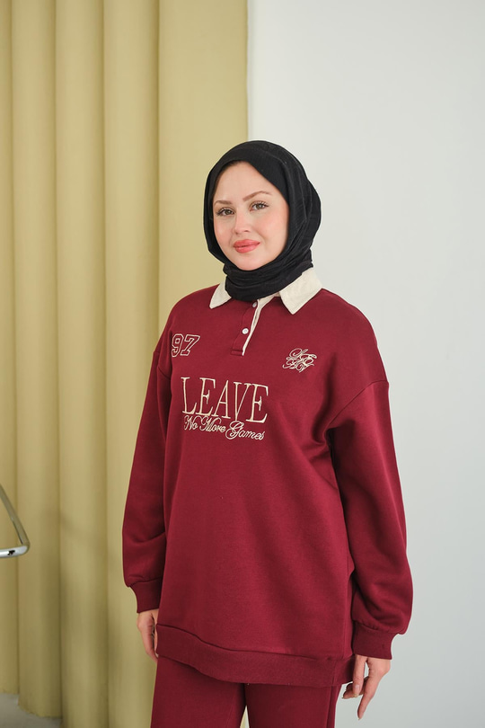 Gömlek Yaka Yazı Baskılı Sweat Bordo