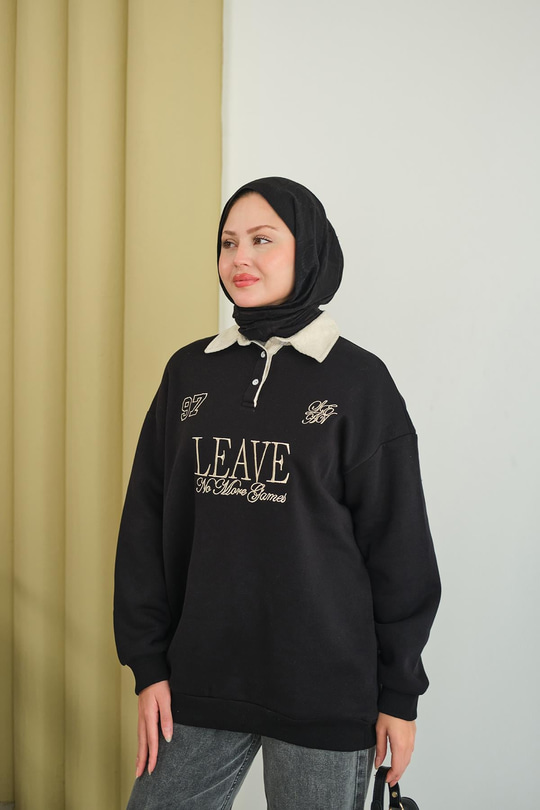 Gömlek Yaka Yazı Baskılı Sweat Siyah