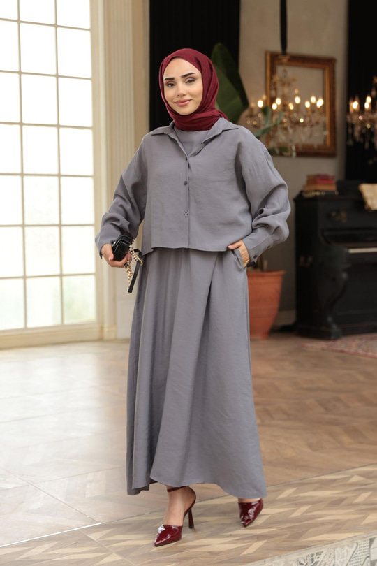 Gömlekli Tencele Elbise Antrasit