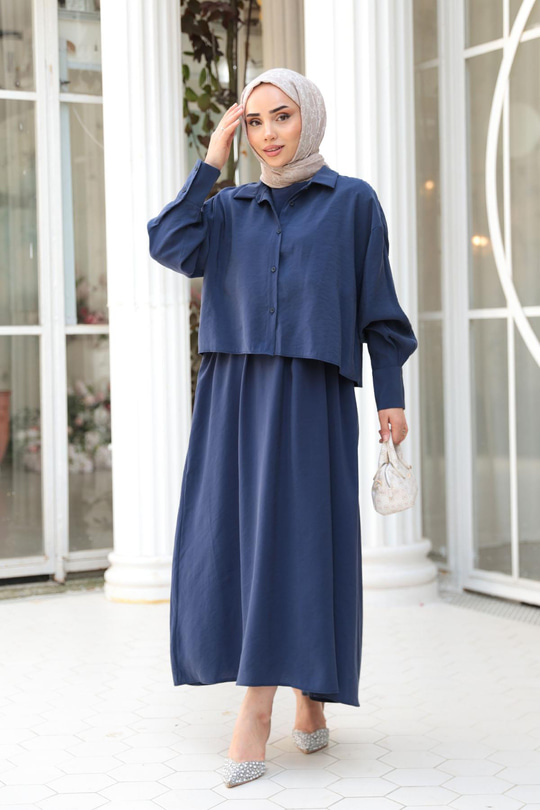Gömlekli Tencele Elbise Lacivert