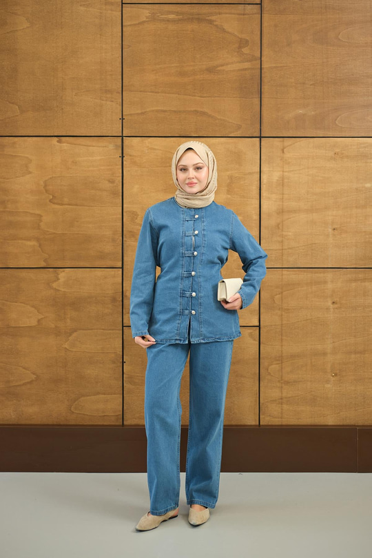 Gümüş Düğme Detaylı Takım Buz Mavi