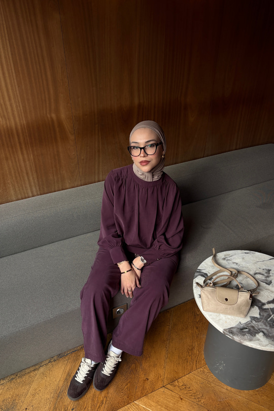 Hakim Yaka Balon Bel Volanlı Slimfit Tencele Takım Mürdüm