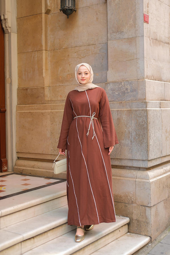 Hasır Kemerli Elbise Kahverengi