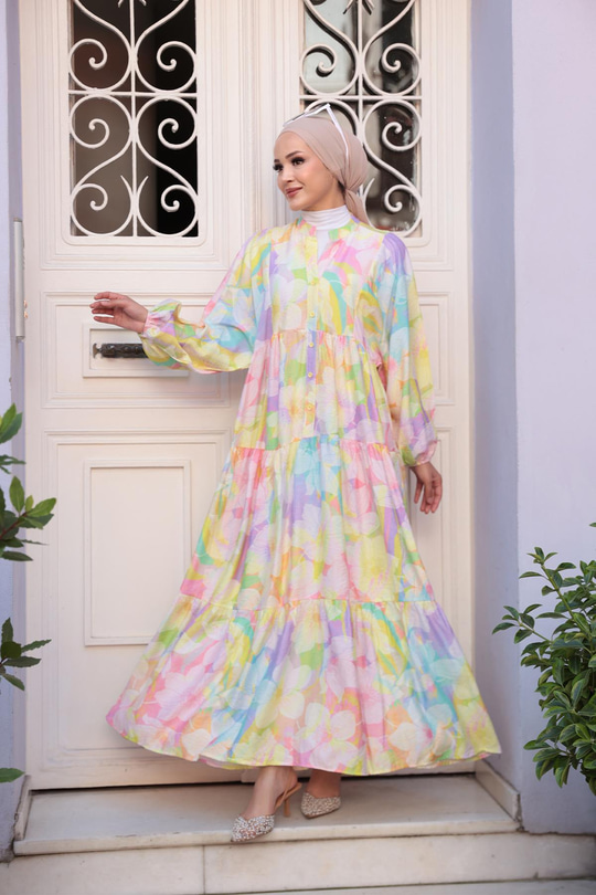 Huzurlu Pastel Desen Elbise Sarı