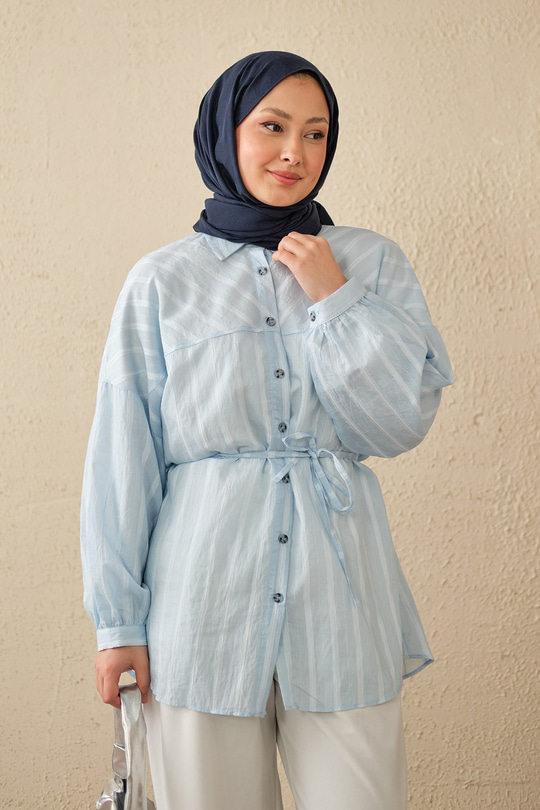 İnce Çizgi Desen Bel Bağlamalı Gömlek Bebe Mavi