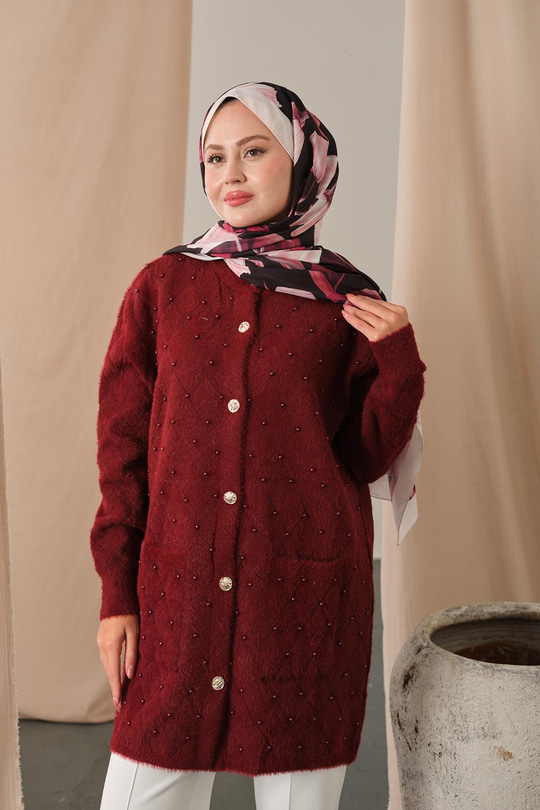İnci Detaylı Triko Hırka Bordo