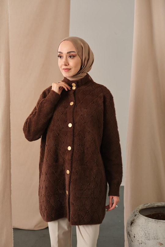 İnci Detaylı Triko Hırka Kahve