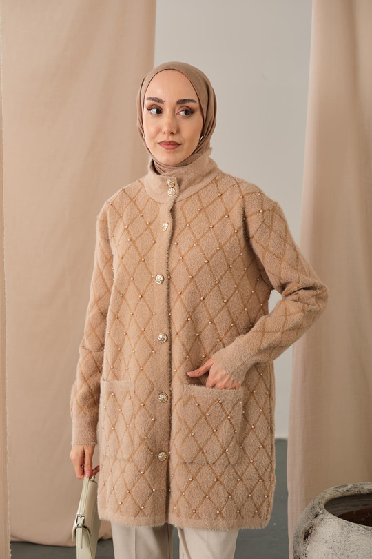 İnci Detaylı Triko Hırka Vizon