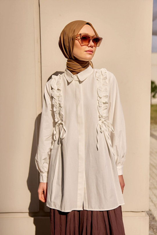 İpli Büzgü Detaylı Gömlek Beyaz