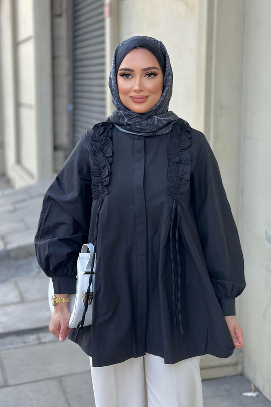 İpli Büzgü Detaylı Gömlek Siyah