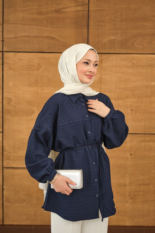 Kabartma Kare Desenli Gömlek Lacivert