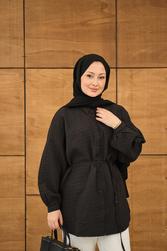 Kabartma Kare Desenli Gömlek Siyah