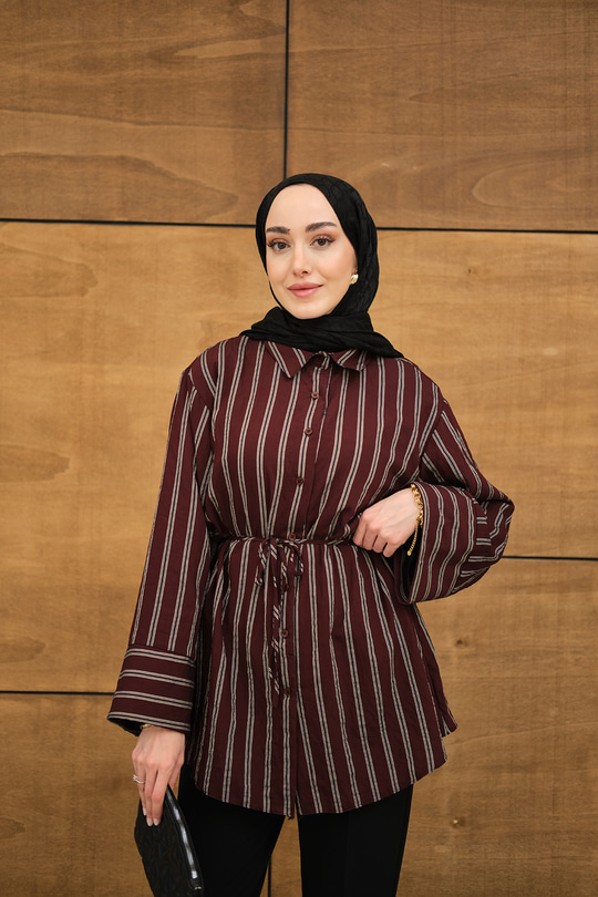 Kalın Çizgili Desenli Bel Bağlamalı Şifon Gömlek Bordo