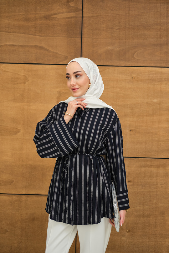 Kalın Çizgili Desenli Bel Bağlamalı Şifon Gömlek Lacivert