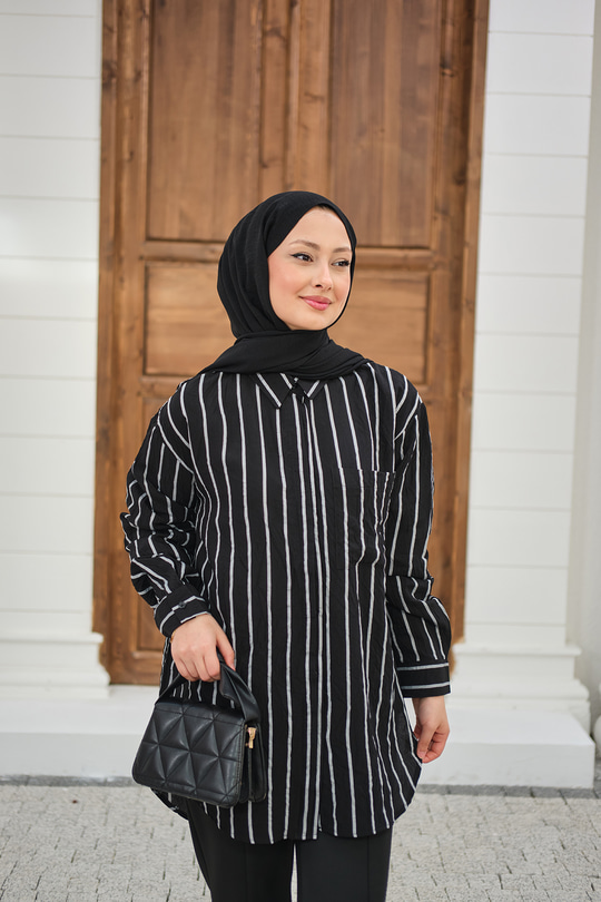 Kalın Çizgili Detay Gömlek Siyah