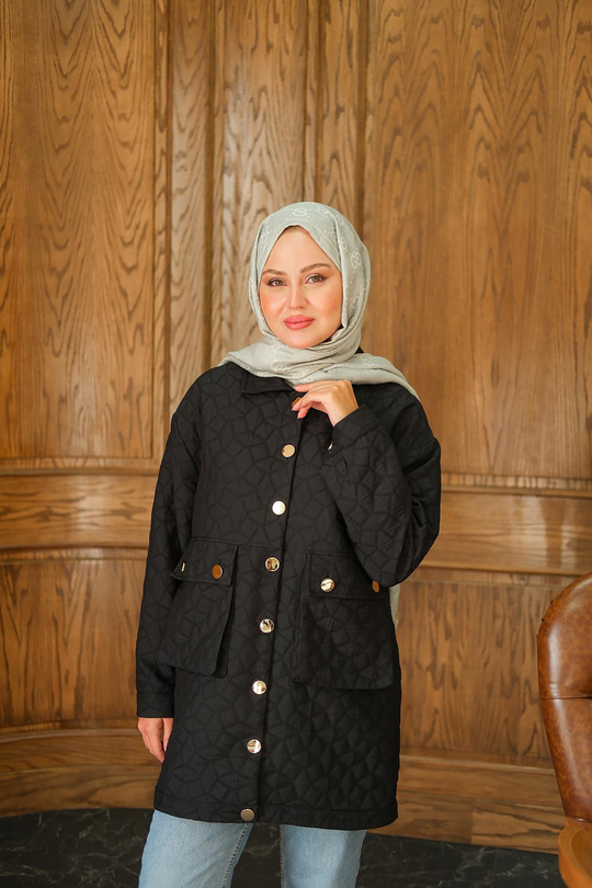 Kapitone Desen Gold Düğme Detay Ceket Siyah