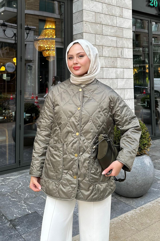 Kapitone Desen İnce Ceket Küf Yeşil