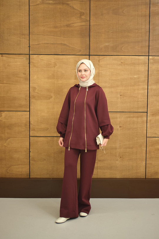 Kapüşonlu Çift Fermuar Detay Regular Scuba Takım Bordo