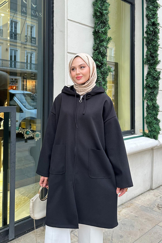 Kapüşonlu Fermuarlı Ara Boy Kaşe Siyah