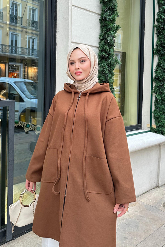 Kapüşonlu Fermuarlı Ara Boy Kaşe Taba