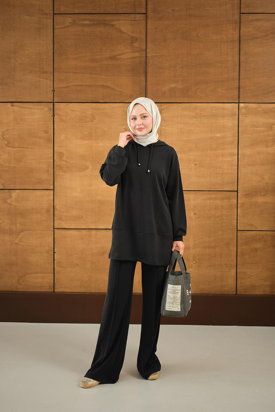 Kapüşonlu İkili Takım Siyah