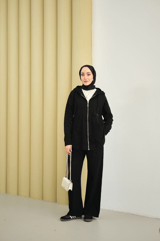 Kapüşonlu Kot Takım Siyah
