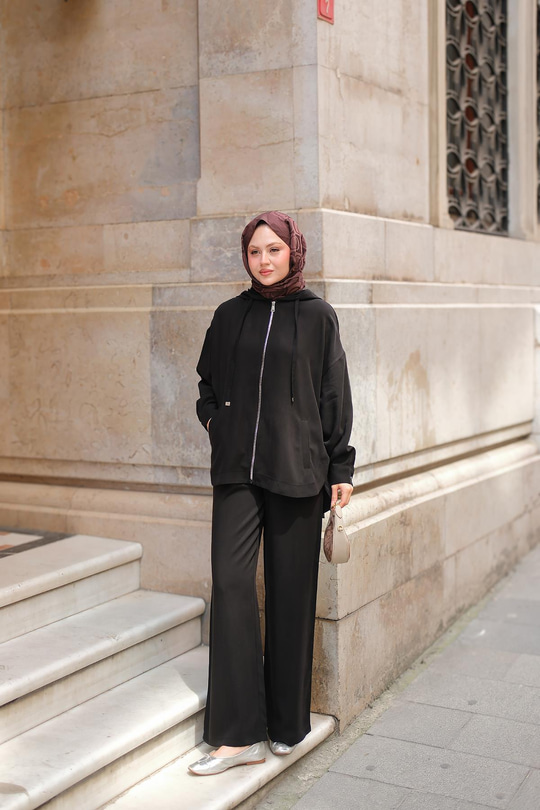 Kapüşonlu Modal Takım Siyah