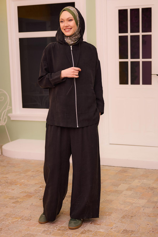 Kapüşonlu Modal Takım Siyah