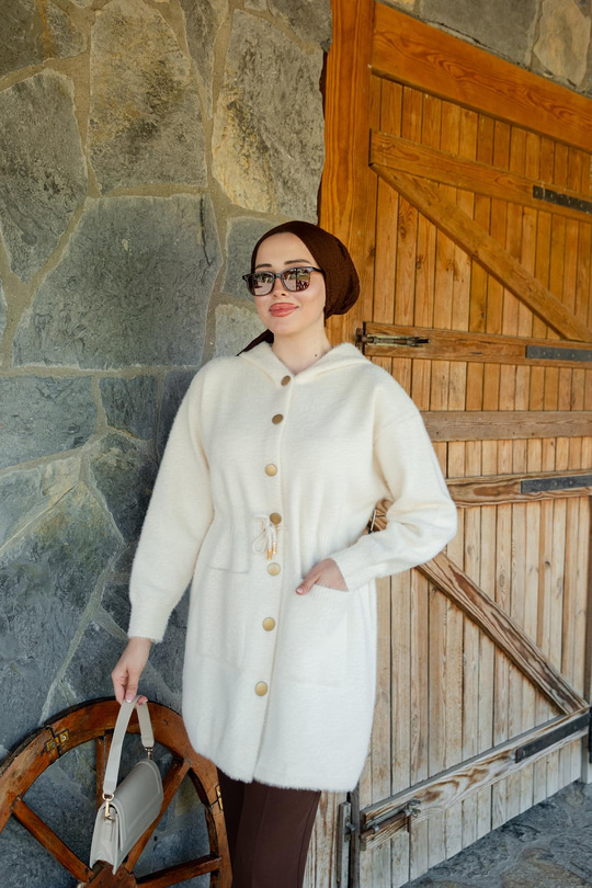 Kapüşonlu Triko Ceket Bej