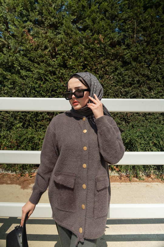 Kapüşonlu Triko Ceket Füme