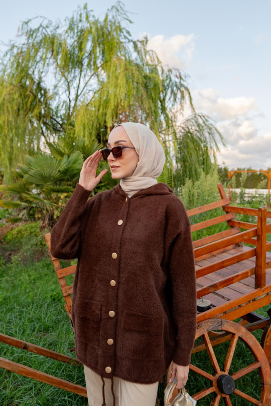 Kapüşonlu Triko Ceket Kahverengi