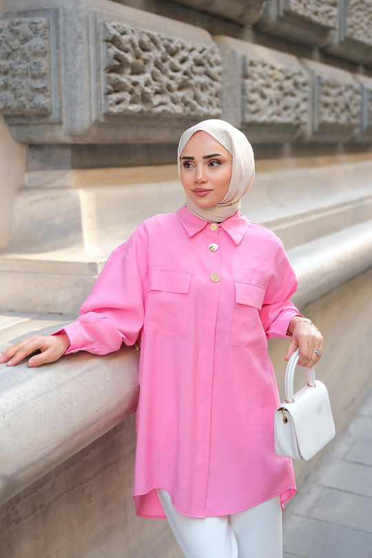 Kargo Cepli Oversize Gömlek Pembe