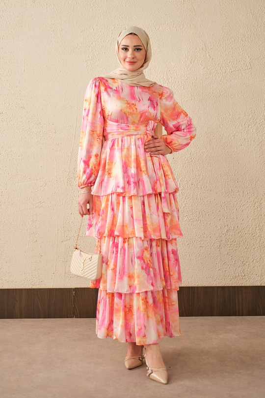 Karışık Desen Bel Bağlamalı Saten Elbise Pembe