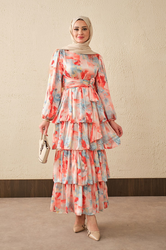 Karışık Desen Bel Bağlamalı Saten Elbise Nar Çiçeği