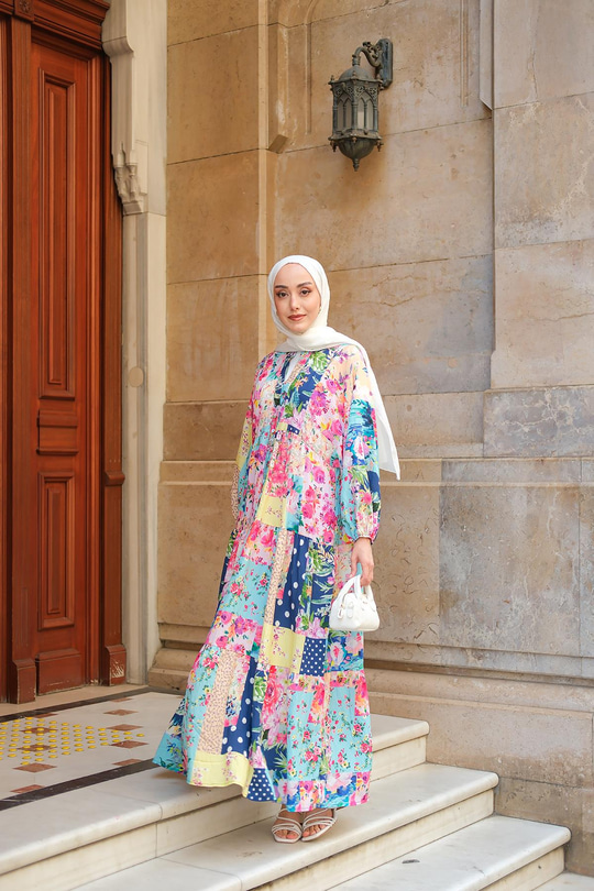 Karışık Desen Elbise Lacivert