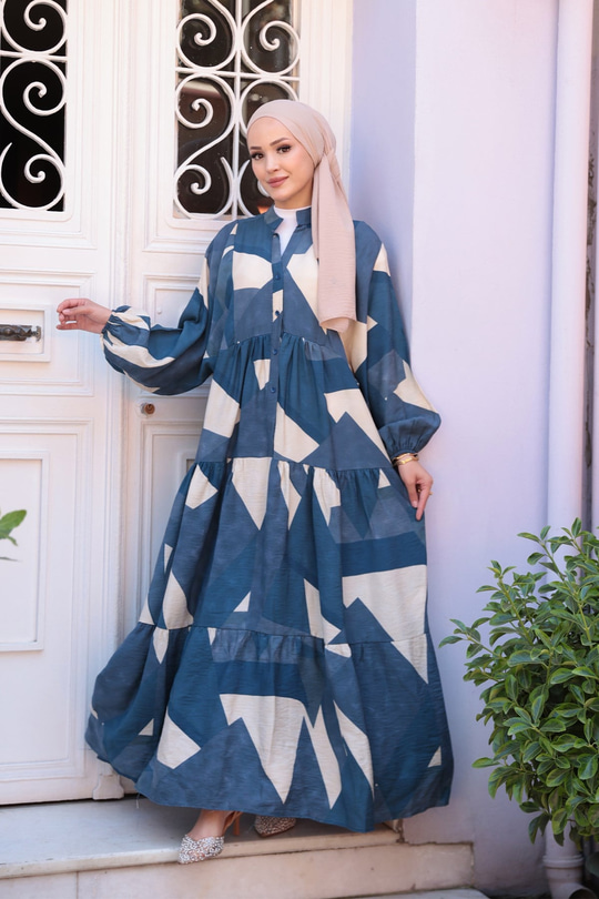 Karışık Desen Elbise Mavi
