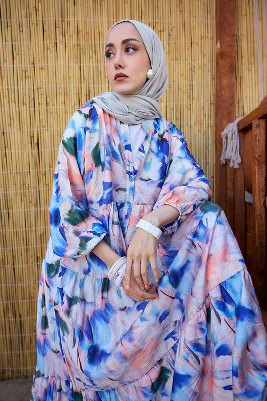 Karışık Desen Elbise Saks Mavi